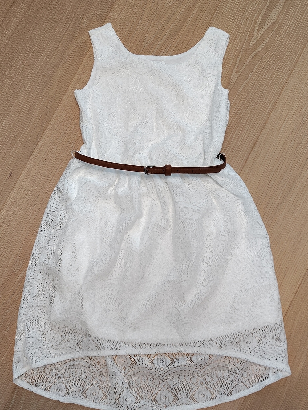1989 Place White Lace Belted Girls' Dress with Brown Belt